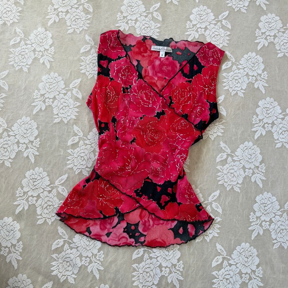 Vintage Moa Moa Y2K Rose Floral Mesh Top Size M